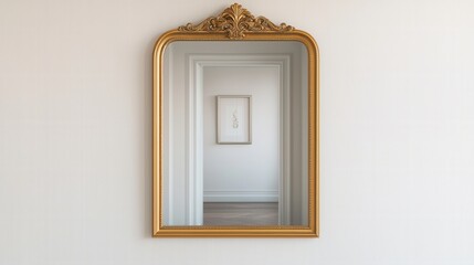Old-school classic and elegance, A vintage-style mirror with an ornate golden frame reflects a minimalistic interior, showcasing elegance and simplicity.