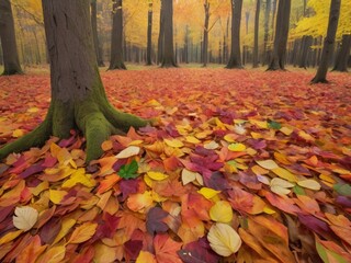 colorful autumm leaves scattered on a forest floor