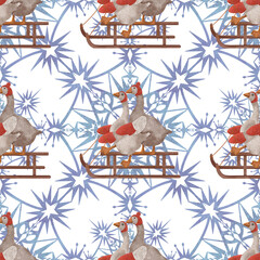Seamless watercolor pattern with 2 geese in red mittens and hats on sleds and snowflakes. Christmas ornament, New Year pattern