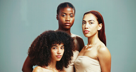 Women, diversity and confident for skincare in studio background for inclusive beauty. Natural,...