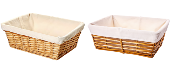 Pair of rectangular wicker baskets with liners isolated with transparent background