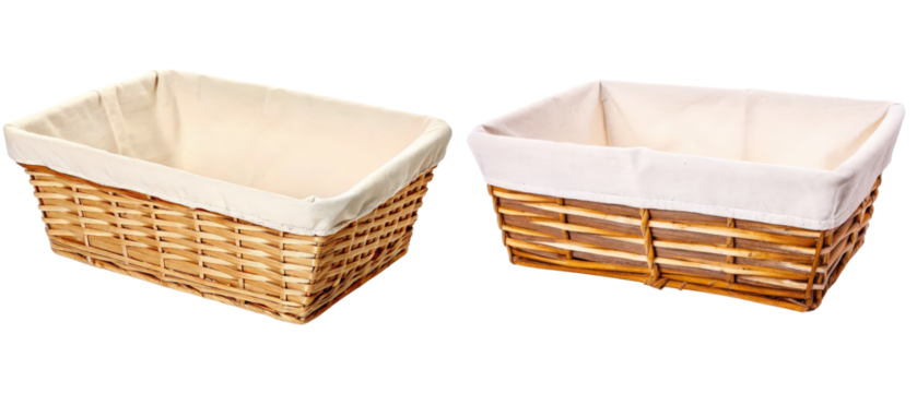 Pair of rectangular wicker baskets with liners isolated with transparent background