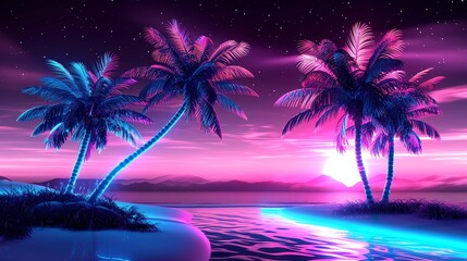 A retro-futuristic beach scene with palm trees, glowing sunset and a river.