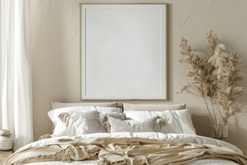 Mockup minimalistic boho chic cozy bedroom interior with soft textures and warm colors in natural light during the day. Warm tones and plants add tranquility. With copy space