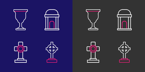 Set line Grave with cross, Old crypt and Christian chalice icon. Vector