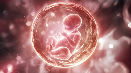 Development of a fetus within a protective amniotic sac in a digital artwork