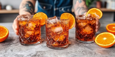 Three Negroni Cocktails with Orange Slices Ice Cubes Closeup