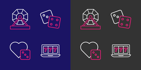 Set line Online slot machine with jackpot, Game dice, and Lottery icon. Vector