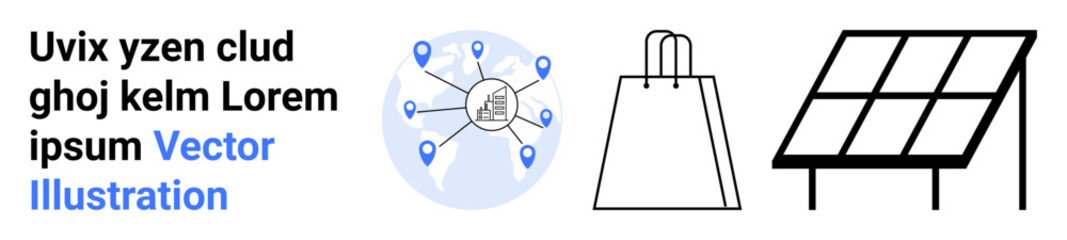 Network connectivity with location pins, shopping bag, and solar panel highlight e-commerce, sustainability, and logistics. Ideal for business, marketing, sustainability, technology logistics