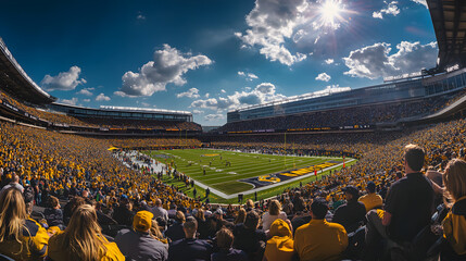 A panoramic view of a bustling football stadium during a championship game.