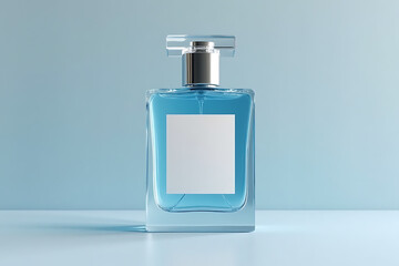 mock up bottle of perfume with empty label on it, see through blue liquid on blue environment studio background, commercial product usage