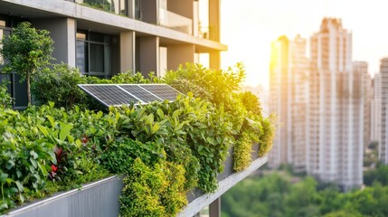 Green Urban Rooftop with Solar Panels and City View