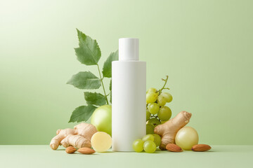 A white bottle of hair oil is placed in the center, surrounded by slices of onion and ginger, ginger root, grapes, almond
