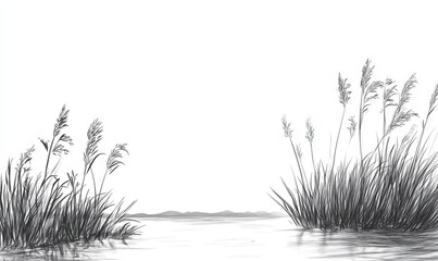 Serene water landscape with reeds, calm water reflecting plants, distant hills, minimalist black and white illustration