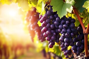 Naklejka premium A close-up of juicy purple grapes hanging on a vine, surrounded by lush green leaves, with golden sunlight filtering through. 