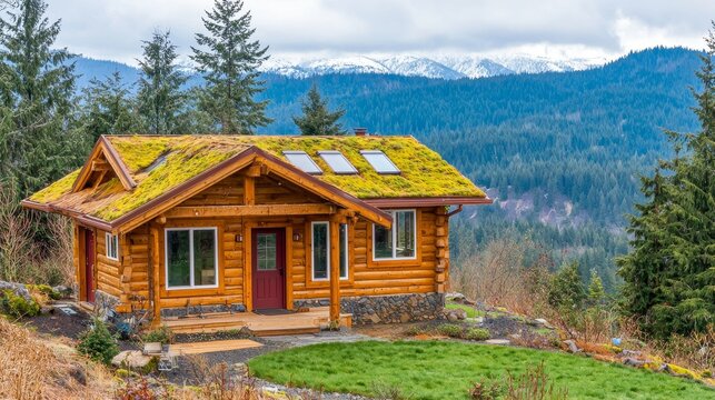 Mountaintop Log Cabin with Green Roof and Stunning View
