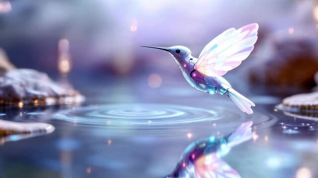 Futuristic Mechanical Hummingbird Reflecting Over a Serene Pond