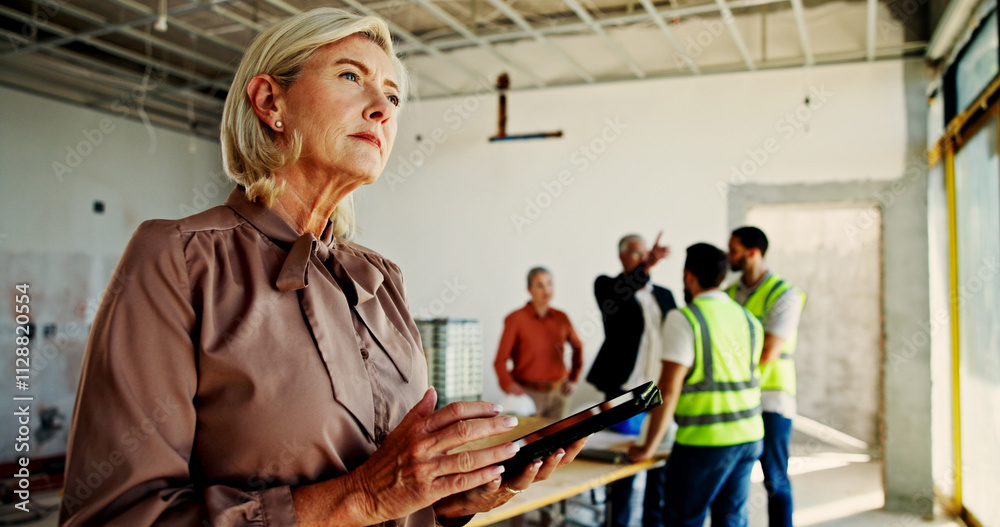 Leinwandbilder construction site, thinking and woman with tablet, engineering and network with online schedule. mat