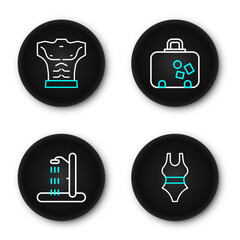 Set line Swimsuit, Beach shower, Suitcase and Bodybuilder muscle icon. Vector