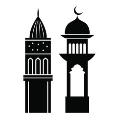 Black silhouette mosque minaret on white background.