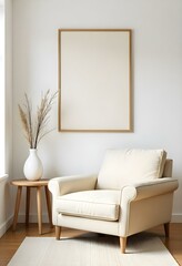A cozy living room with a beige armchair, a wooden side table with a vase, and a large framed wall hanging on a white wall. The room has a minimalist and natural aesthetic