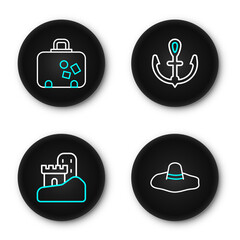 Set line Elegant women hat, Sand castle, Anchor and Suitcase icon. Vector