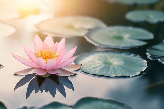 A close-up of a pink lotus flower blooming in still water, with soft ripples and green lily pads surrounding it, under gentle sunlight.