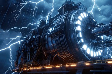 Futuristic Machine Under Thunderous Stormy Sky