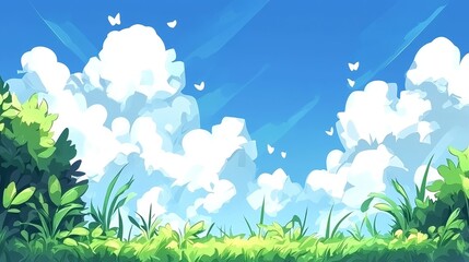 Obraz premium Serene Summer Meadow Under Blue Sky with Butterflies