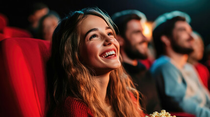 Nostalgic evening at the cinema with laughter and popcorn on red seats