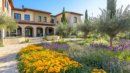 Naklejka premium Athens Mediterranean garden with olive trees and stone amphitheater, historic Greek sanctuary