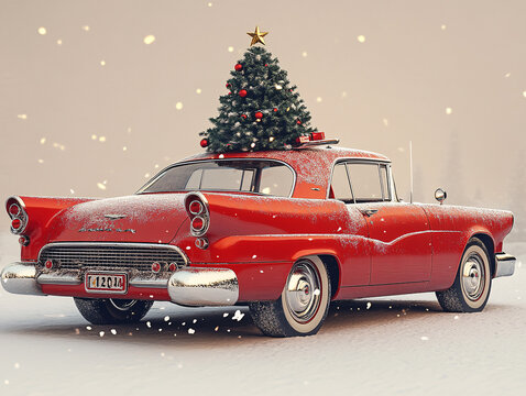 a vintage red car with a festive Christmas tree attached to the roof. The tree is decorated with red ornaments and a star, and the scene is set against a snowy background.