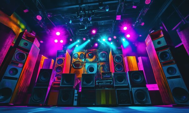 Vibrant sound system setup with colorful lighting, large speakers arranged in a dynamic display, stage ready for performance