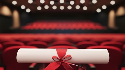 Certificate Roll with Red Ribbon in Empty Theater Seats, Symbolizing Achievement and Celebration of Graduation or Awards Night Ceremony