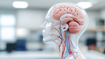 A detailed anatomical illustration of a human head, showcasing the brain and vascular system in a clinical setting.