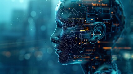 Digital Humanoid Head, AI Technology Concept: Futuristic Portrait