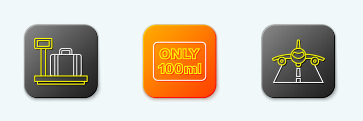 Set line Scale with suitcase, Liquids in carry-on baggage and Plane icon. Vector