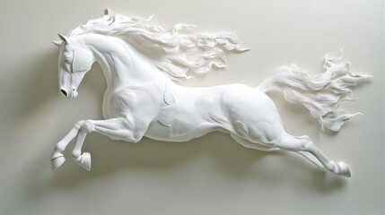 White horse sculpture, leaping pose, wall art.