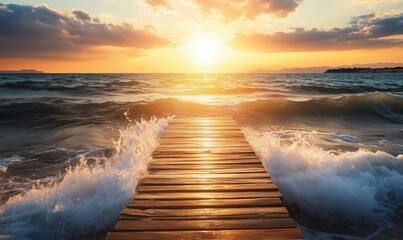 Sunset over ocean pier with waves crashing