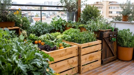 Urban Rooftop Garden with Fresh Vegetables and Herbs in Wooden Planters