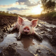 Pig rolling in mud on a sunny day