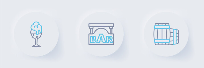 Set line Wooden barrel, Street signboard with Bar and Glass of beer icon. Vector
