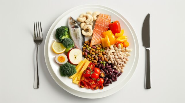 Colorful plate with vegetables and nuts symbolizes balanced diet and healthy eating.