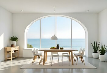 A modern, minimalist dining room with a large arched window, a wooden dining table, and simple chairs. The room has a clean, airy feel with white walls and a neutral color palette