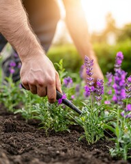 Fototapeta premium Close-Up of a Gardener Tending to Vibrant Purple Flowers in a Lush Garden with Soft Sunlight Illuminating the Scene During a Warm Afternoon