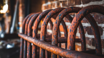 Close-up of weathered, rusted metal bars against a brick wall, showcasing industrial decay and texture.