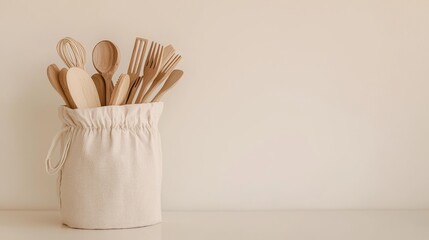 Wooden Utensil Set in a Natural Fabric Bag