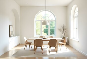 Fototapeta premium A modern, minimalist dining room with a large arched window, a wooden dining table, and simple chairs. The room has a clean, airy feel with white walls and a neutral color palette