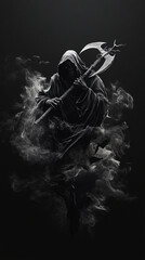 Fototapeta premium Scary horror grim reaper with scythe angle of death background