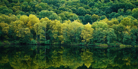 Fototapeta premium Seasonal transformation in a dense forest showcasing summer greens and autumn shades
